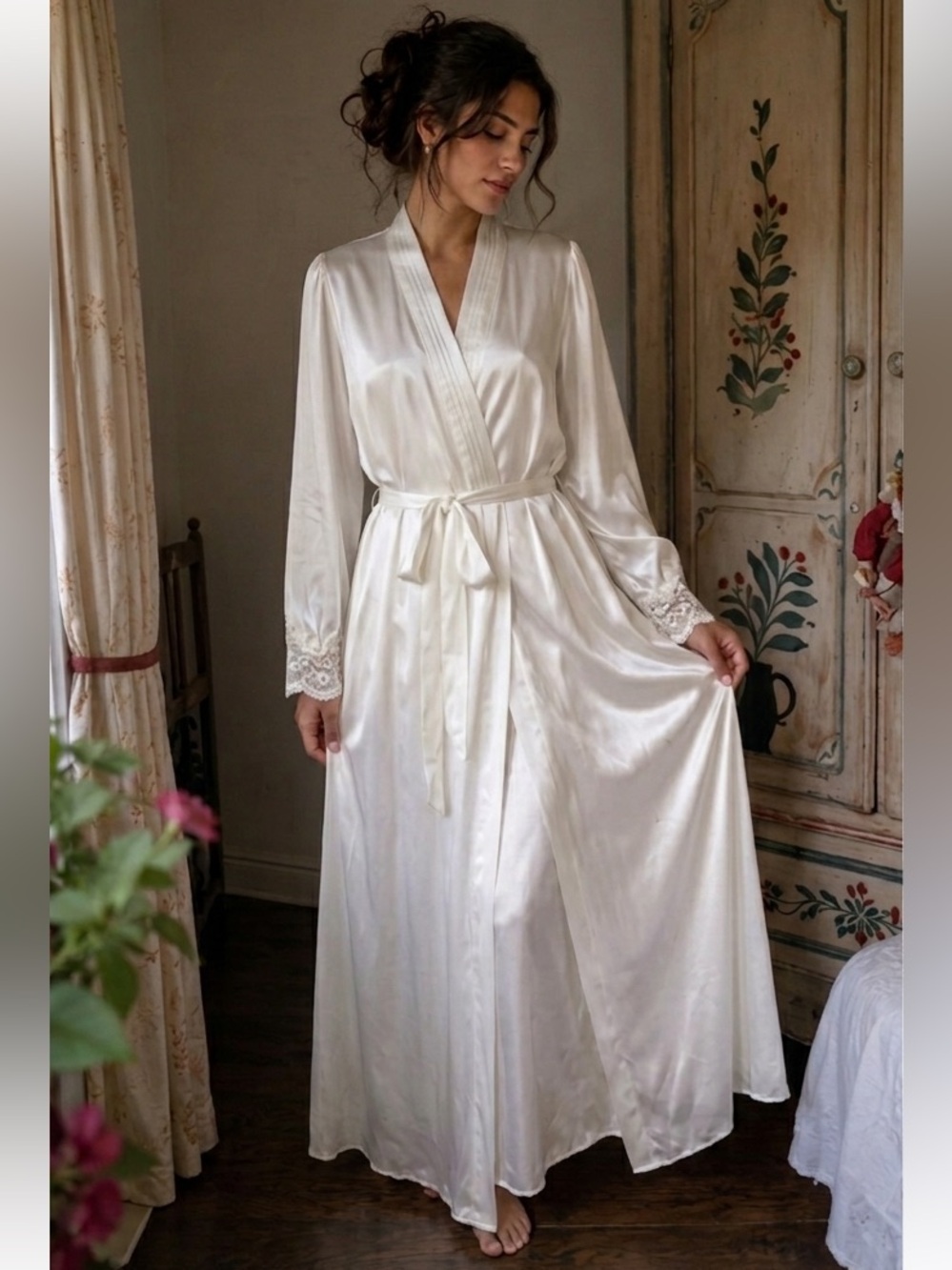 VTG Linea Donatella White Satin Long Bridal Robe Sheer Lace Cuff Wedding L/XL